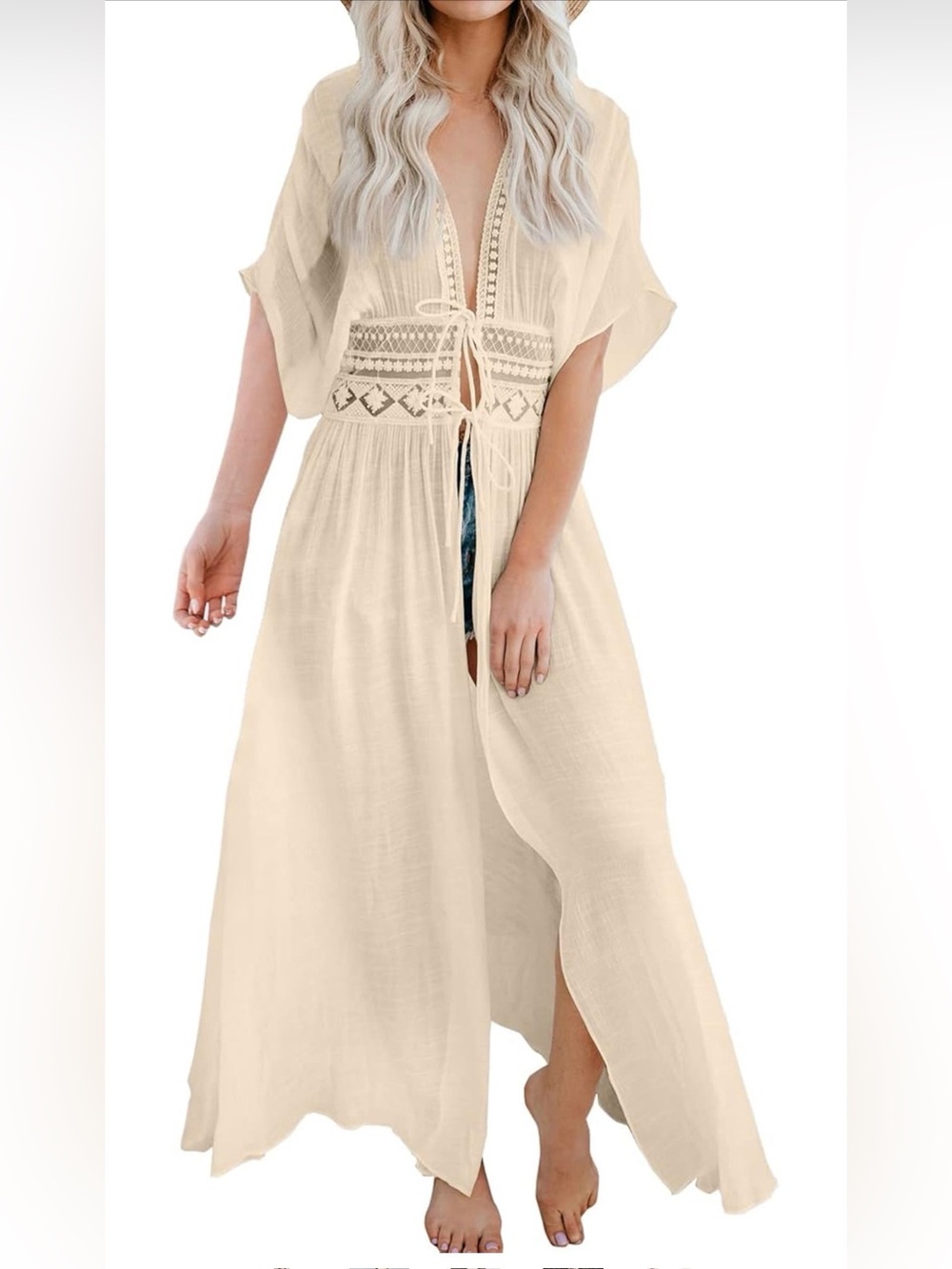 EASEL Boho Cream Lace Crochet Trim Maxi Dress Kimono Cover Up Cream Beige Large